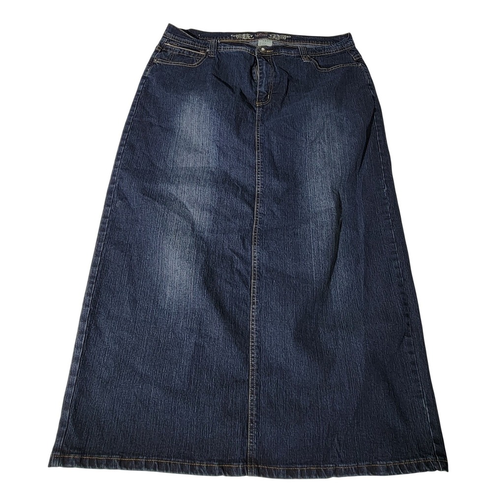 No Fuze Womens Dark Wash Embroidered Denim Maxi Skirt Size 18 Blue Back Slit